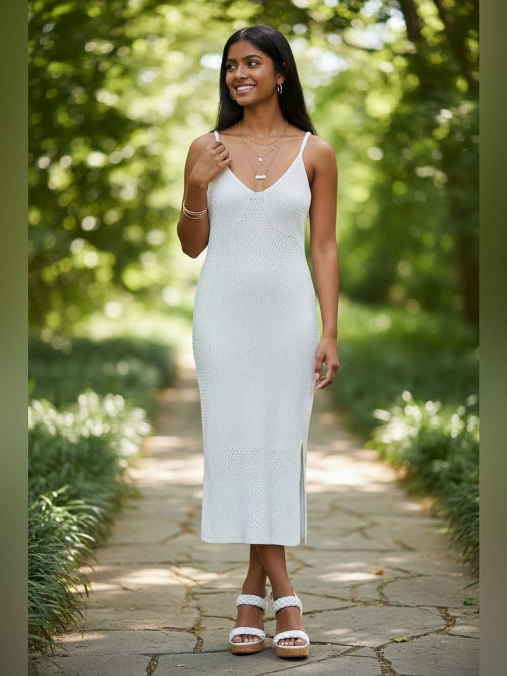 Madden NYC White Knit Midi Dress with V-Neck and Adjustable Spaghetti Straps XXL